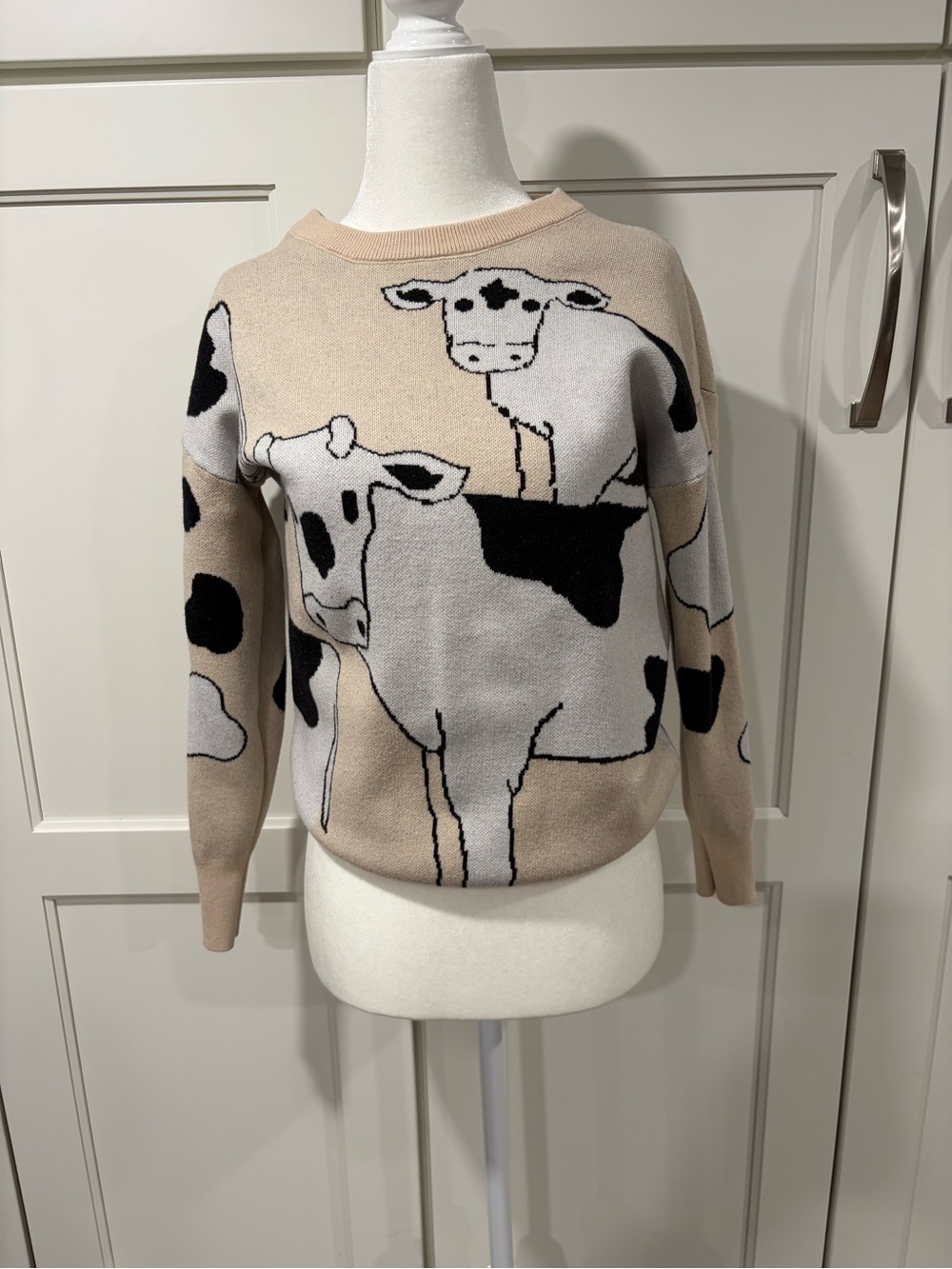 Beige Cow-Print Crewneck Sweater